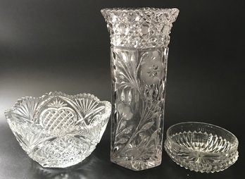 3 Pcs Vintage Pressed Crystal - 2 Bowls & Sawtooth Rim Vase 10.25'H