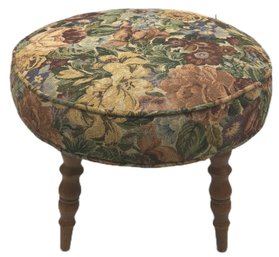 Vintage Early American Style Upholstered Foot Stool With Slayed Turned Legs, 19' Diam. X 15'H