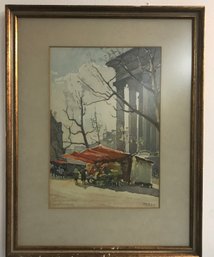 Vintage Well Framed Watercolor Of Ladies At An Outdoor Flower Market Signed Marc