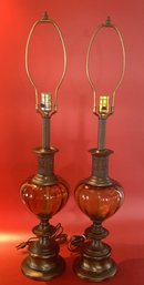 Pair MCM Table Lamps With Amber Fonts On Brass Bases, 32.5'H