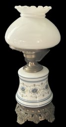 Vintage Electrified Table Lamp With Brass Base & Enameled Milk Glass Font And Milk Glass Shade