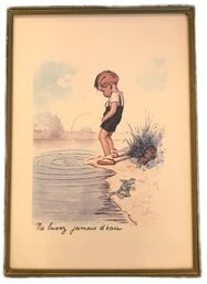 Vintage Framed Lithograph Of Boy Urinating In Pond With Vomiting From 'Never Drink The Water'