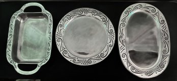 3 Pcs Large LENOX Matching Pattern Cast Metal Serving Platters, Round, Oval & Deep Dish Rectangular 18' X 12'
