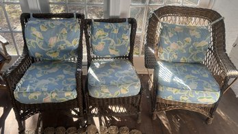 3 Pcs Pair Wicker Arm Chairs With Blue Floral Cushions, 23' X 27' X33'H (Third Chair Not Pictured, Yet)