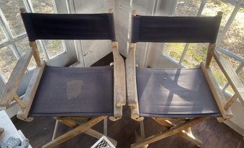 2 Pcs Pair Folding Wood & Blue Canvas Director's Chairs, 24' X 16' 33'