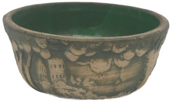 Antique Yellowware With Green Glazed Interior And Green Wash Over 4 Scenes, Castle, Boat, House & Pasture