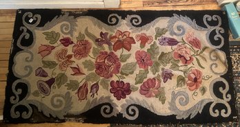 Vintage Hand Punched Carpet With Navy Field And Floral Design, 35' X 66'