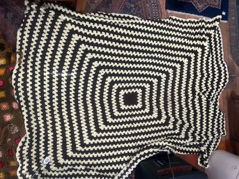 Vintage Hand Crocheted Afghan Blanket In Cream & Brown Yarn With Geometric Design, 60' X 65'