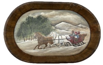 Vintage Oval Treenware Wooden Serving Tray With Tole Painted Wither Sleigh Scene, 17-5/8' X 11-3/8', DAPHNE
