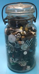 Vintage Ideal Ball Canning Jar With Glass Lid & Bail Filled With Vintage Buttons, 3.75' Diam. X 7.5'H