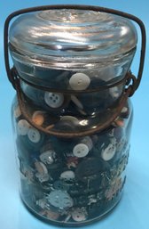 Vintage Trade Mark Putnam Lightning Glass Canning Jar With Glass Lid & Bail Filled With Buttons 3.5' Diam X 6'