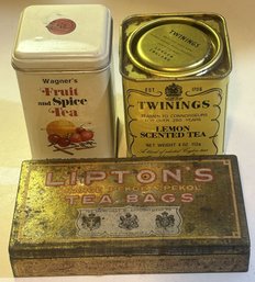 3 Pcs Vintage Lithograph Tin Tea Canisters, Twinings, Lipton's, & Wagner's, 2-5/8' Sq X 4.5'H