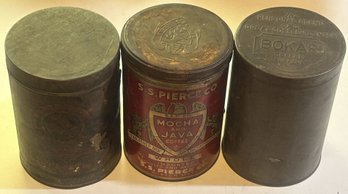 3 Pcs Antique Round Coffee Tins, 4.25' Diam. X 6'H, Home Comforts, Bokar And S.S. Pierce Co.