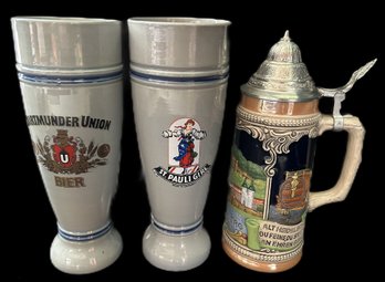 3 Pcs Vintage Beer Vessels, Covered Stein & 2-Stoneware Pilsners, St Pauli Girl & Dortmunder Union, 9.5'H