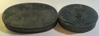 2 Pcs Antique Oval Tins, Black, 5-7/8' X 3-3/8' X 1-18'H, Green Bait Box, Green Paint & Vented Hinged Lid