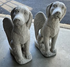 Vintage Matched Pair Cast Concrete Garden Guardian Angel Dogs, 10.5' X 9' X 18'H
