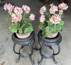 Matching Matching Pair Low Painted Cast Alum Plant Stands With Faux Blooming Pink Geraniums, 14' Diam. X 25'H