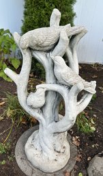 Poured Stone Victorian Style Statue With Birds Perched On Stump, 15' X 13' X 32'H