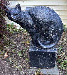 Vintage Pour Stone Statue Of Black Cat Crouching On A Plinth, 16' X 6.5' X 24'H