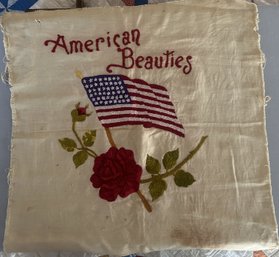 Vintage 20' Sq  Embroidery Of American Beauties, Old Glory And Red Rose