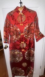 Traditional Unworn Chinese Ladies Large Embroidered  Silk Tunic Or Dress With Slippers, Boxed