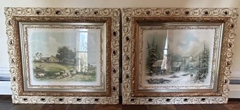 2 Pcs Antique Framed Colored Lithographs In Fabulous White, Gold Reticulated Cast Plaster Frames, 29' X 25'H