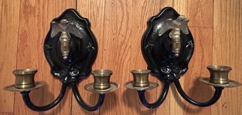 Matching Pair Antique Cast Iron & Brass Double Candle Wall Sconces W/Brass Eagles & Bobeche, 7' X 3' X 8'H