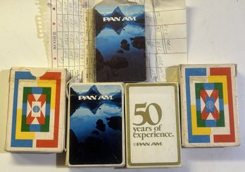 5 Pcs Vintage PAN AM Decks Of Playing Cards (Used), 4 Decks In PAN AM Bowes, Other Loose