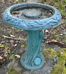 Vintage Poured Stone Green Painted Bird Bath In Stump Form