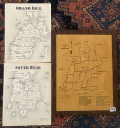3 Pcs Antique Maps - 1-Decoupaged Map Of Town Of Grand Isle, 14' X 18'H, Other 2 Unmounted