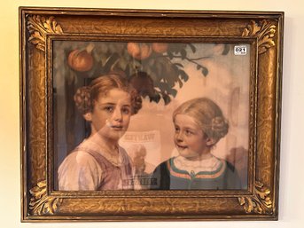 Large Antique German Style Colored Lithograph Of Two Young Girls In Fabulous Frame, 25' X 20'H