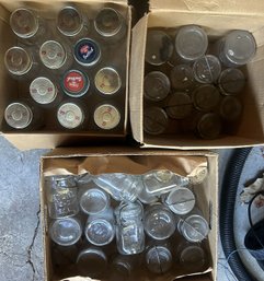 3 Boxes Of Vintage Glass Ball Canning Jars W/Glass Lids & Bales & Other Glass With Screw On Lids - Lot 2 Of 2