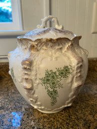Antique Covered Biscuit Jar With Green Floral Panels And Brown Accents, 8' Diam. X 8.5'H