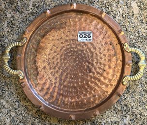 Vintage Small Oval Beat Copper Tray With Brass Handles, 9' Diam. X 11'W