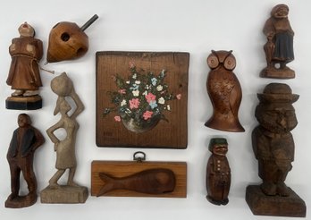 10 Pcs Vintage Treen Ware Wooden Items, Antique Top, Figurines (Tallest 7'H), And Wall Plaques