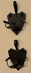 2 Pcs Matching Black Metal Shield Shaped Gimbel Candlestick Holder Mounted As Wall Sconces, 5' X 4' X 8'
