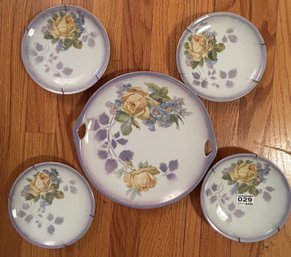 5 Pcs Vintage Matching Floral Yellow Rose Plates With Lavender Rims, Large 9.5' Diam, Small 6' Diam.