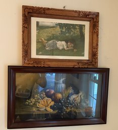 2 Pcs Antique Framed Lithographs, Girl Laying On Grass & Fruit Still Life, 29.5' X H'