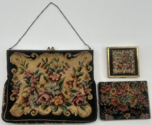3 Pcs Similar Antique Ladies Petit Point - Purse, Compact & Cigarette Case, Possibly French