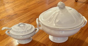 2 Pcs Antique Footed White Ironstone Covered Vegetable Tureen, 12' X 9.5' X 11'H & Covered Sauce With Ladle