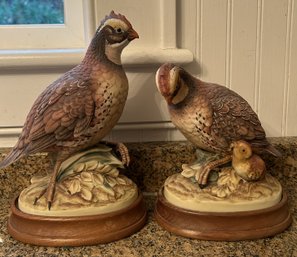 Pair Painted Fired Bisque Bob Whites By Andrea On Plinths, 6' X 4' X 9'H