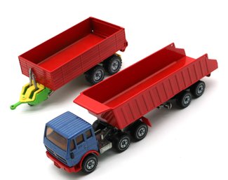 Two Siku Vehicles - Farm Dump Trailer And Mercedes Tractor/trailer Dump