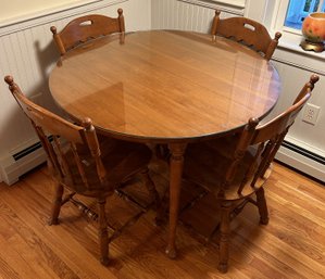 Antique Round 42' Diam. X 30'H Maple Kitchen Drop Leaf Table With Glass Top & 4-Maple Chairs