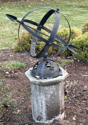 Nice Vintage Full Sphere Armillary Bolted On Concrete Plinth, Great Patina, 17.5' Diam. X 24' X 40'H