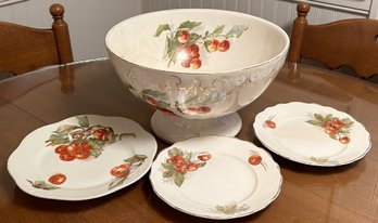Antique Footed Centerpiece Bowl , 11.25' Diam. & 3 Matching Pattern Plates In Various Sizes