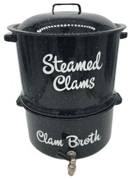 Like New Splatter Enamel 3 Pcs Clam Steamer With Broth Spout, 13.5' Diam. X 17'H