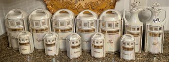 Vintage 12 Pcs Set Of German Lusterware Canisters, Spices & Oil & Vinegar Containers, Gold Accents, 3' X 9.5'H
