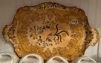 Vintage Italian Or Russian (?) Painted Gold Floral Themed Serving Tray, 19' X 13'H