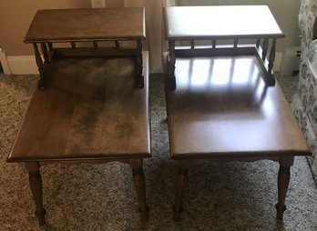 Nice Pair Colonial Style 2-Tiered Wood Side Tables With Turned Legs And Spindeled Tiers, 28' X 19' X 24.5'H