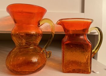 2 Pcs Similar Vintage Amberina Crackle Glass Pitchers With Applied Handles, 4' X 5.5'H